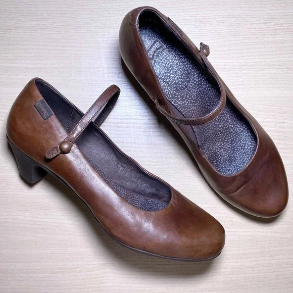 Camper Womens Brown Leather Dress Shoes Camper Shoes Camper Mary Jane Heels  Soft Brown Leather Size